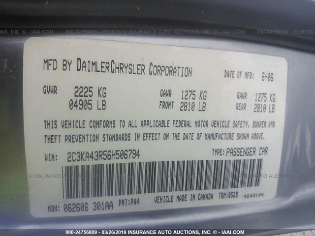 2C3KA43R56H506794 - 2006 CHRYSLER 300 GRAY photo 9