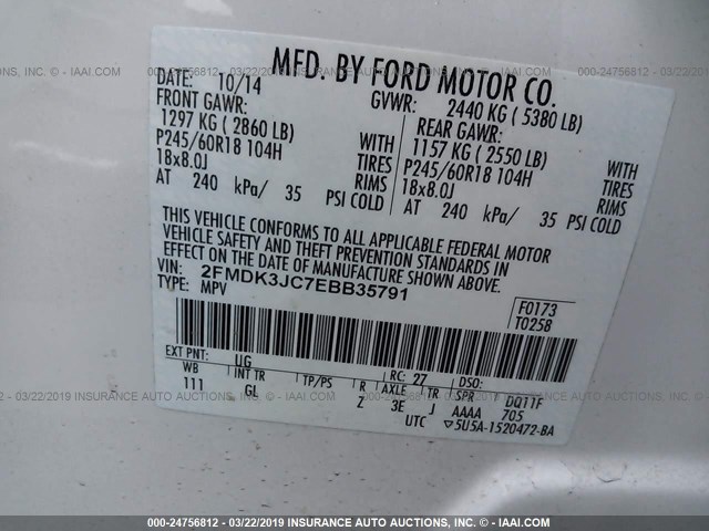 2FMDK3JC7EBB35791 - 2014 FORD EDGE SEL WHITE photo 9