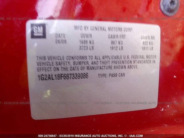 1G2AL18F687339086 - 2008 PONTIAC G5 RED photo 9