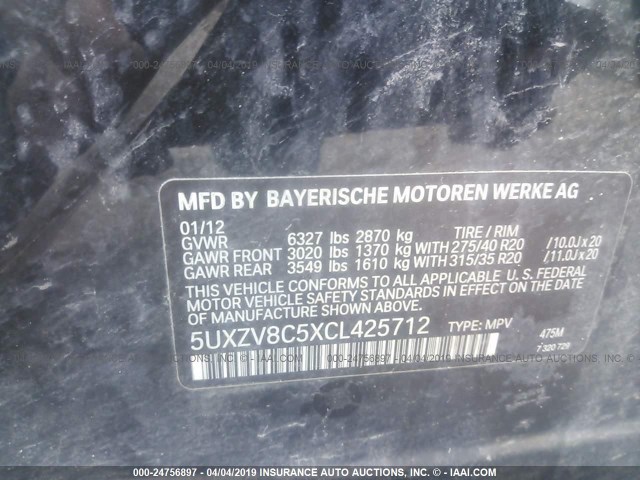 5UXZV8C5XCL425712 - 2012 BMW X5 XDRIVE50I BLACK photo 9