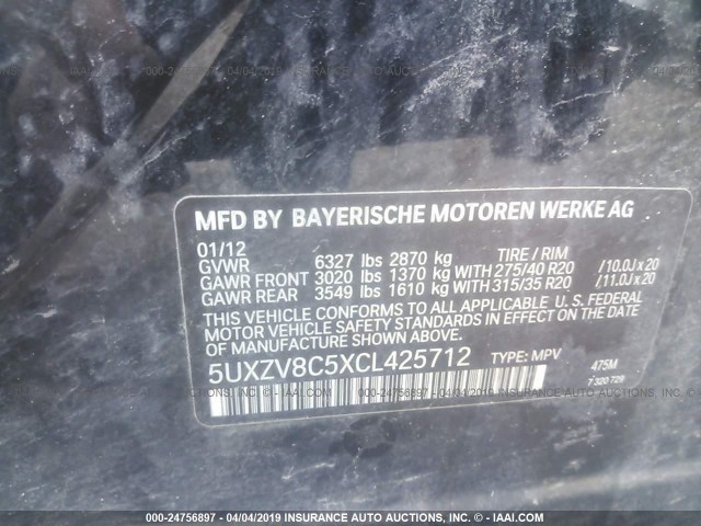 5UXZV8C5XCL425712 - 2012 BMW X5 BLACK photo 9
