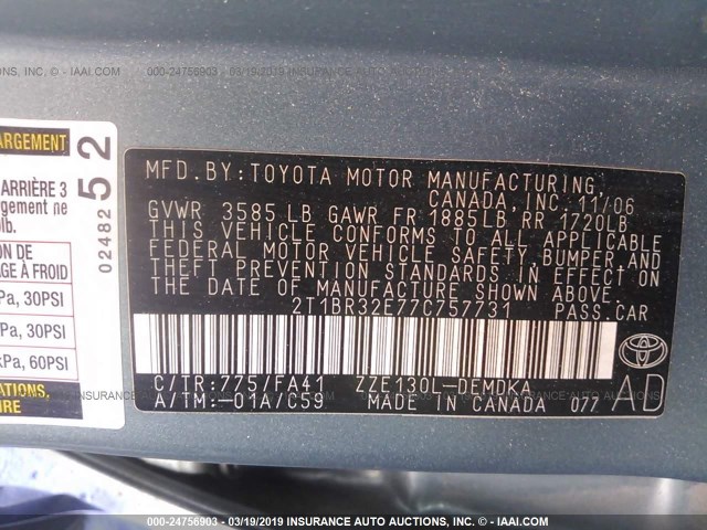 2T1BR32E77C757731 - 2007 TOYOTA COROLLA CE/LE/S GREEN photo 9