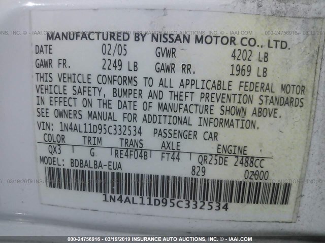 1N4AL11D95C332534 - 2005 NISSAN ALTIMA S/SL WHITE photo 9