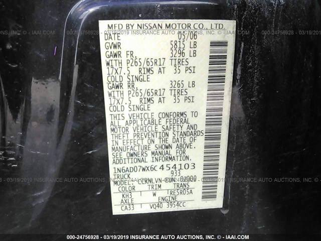 1N6AD07WX6C454103 - 2006 NISSAN FRONTIER CREW CAB LE/SE/OFF ROAD BLACK photo 9