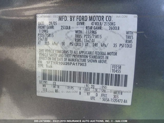 1FTYR10U26PA17903 - 2006 FORD RANGER GRAY photo 9