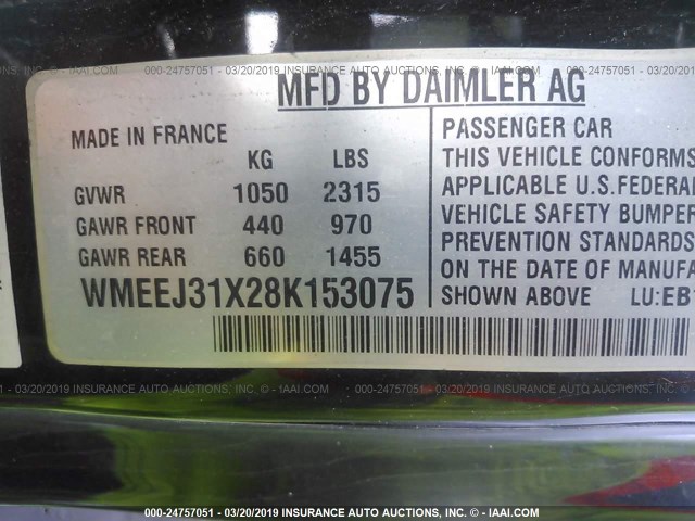 WMEEJ31X28K153075 - 2008 SMART FORTWO PURE/PASSION WHITE photo 9