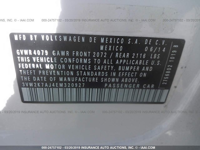 3VW2K7AJ4EM320927 - 2014 VOLKSWAGEN JETTA S Սպիտակ լուսանկար 9