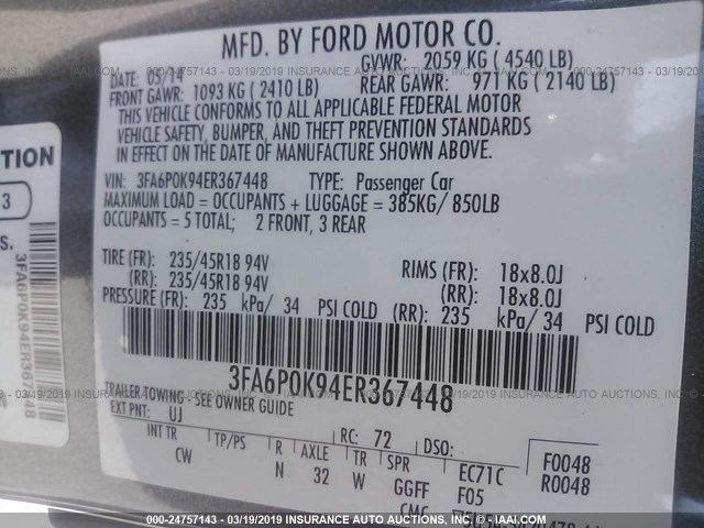 3FA6P0K94ER367448 - 2014 FORD FUSION TITANIUM GRAY photo 9