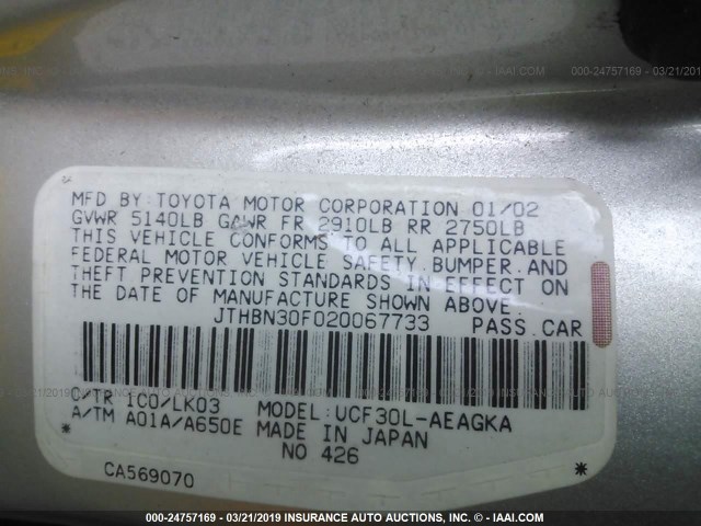 JTHBN30F020067733 - 2002 LEXUS LS 430 SILVER photo 9