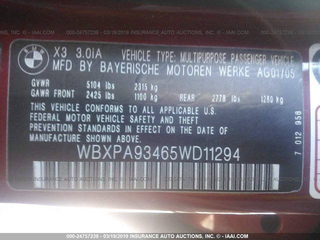 WBXPA93465WD11294 - 2005 BMW X3 3.0I RED photo 9