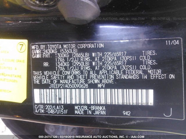 JTEEP21A050090628 - 2005 TOYOTA HIGHLANDER LIMITED BLACK photo 9