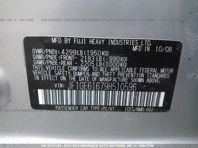 JF1GE61679H510596 - 2009 SUBARU IMPREZA SILVER photo 9