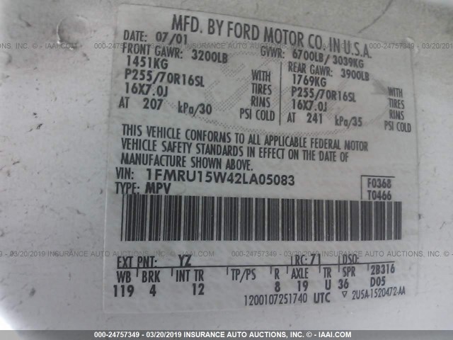 1FMRU15W42LA05083 - 2002 FORD EXPEDITION XLT WHITE photo 9