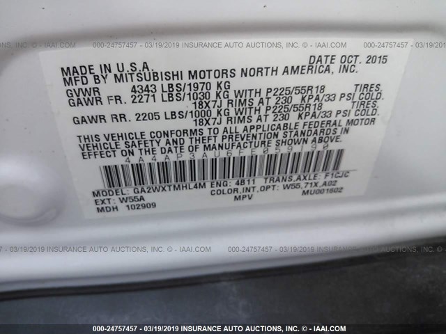 4A4AP3AU6FE059190 - 2015 MITSUBISHI OUTLANDER SPORT ES WHITE photo 9