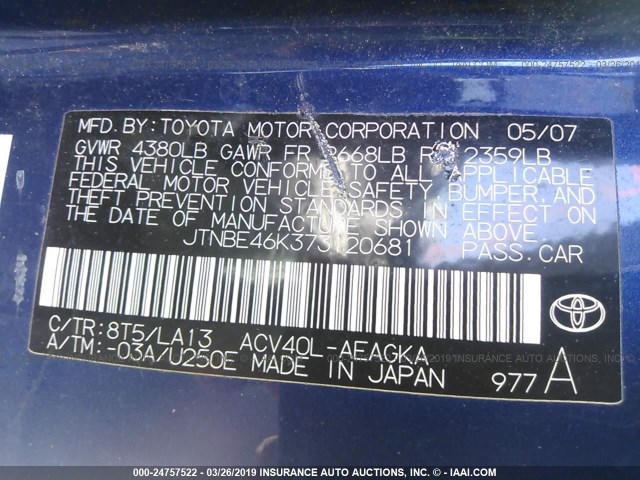 JTNBE46K373120681 - 2007 TOYOTA CAMRY NEW GENERAT CE/LE/XLE/SE BLUE photo 9