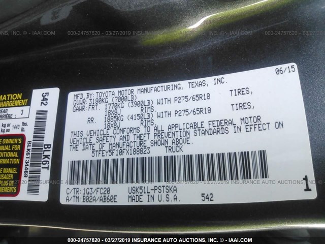 5TFEY5F10FX188823 - 2015 TOYOTA TUNDRA CREWMAX SR5 GRAY photo 9