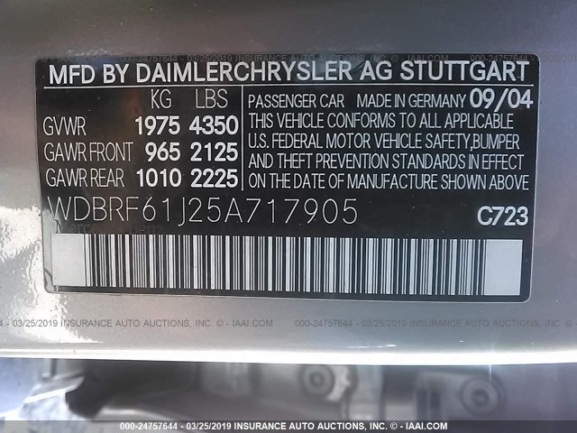 WDBRF61J25A717905 - 2005 MERCEDES-BENZ C 240 GRAY photo 9