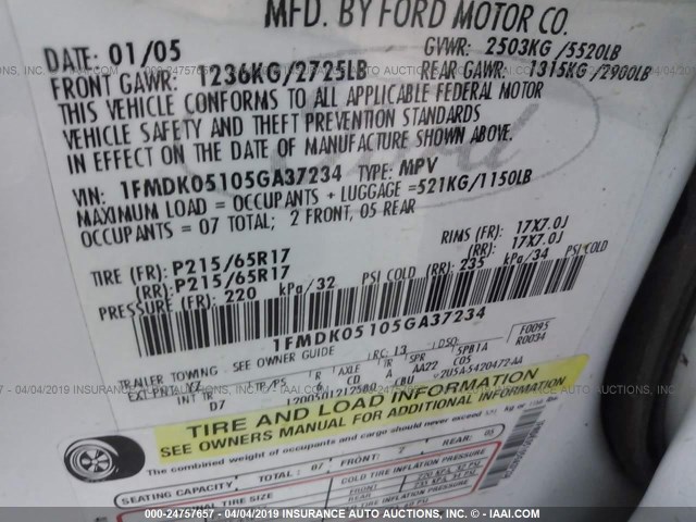 1FMDK05105GA37234 - 2005 FORD FREESTYLE SEL WHITE photo 9