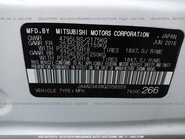 JA4AD3A38GZ056559 - 2016 MITSUBISHI OUTLANDER SE/SEL WHITE photo 9