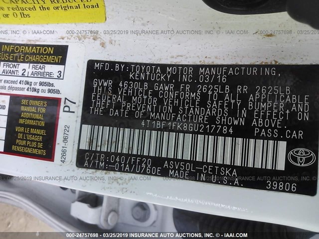 4T1BF1FK8GU217784 - 2016 TOYOTA CAMRY LE/XLE/SE/XSE WHITE photo 9