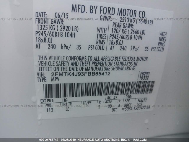 2FMTK4J93FBB65412 - 2015 FORD EDGE SEL WHITE photo 9