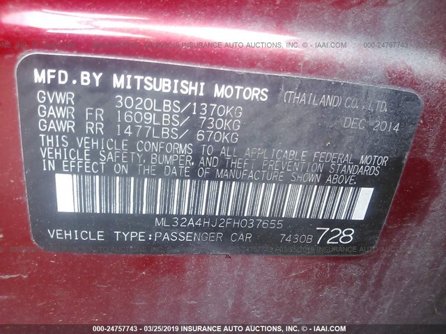 ML32A4HJ2FH037655 - 2015 MITSUBISHI MIRAGE ES RED photo 9