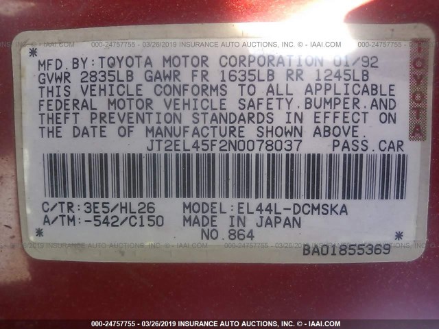 JT2EL45F2N0078037 - 1992 TOYOTA PASEO RED photo 9