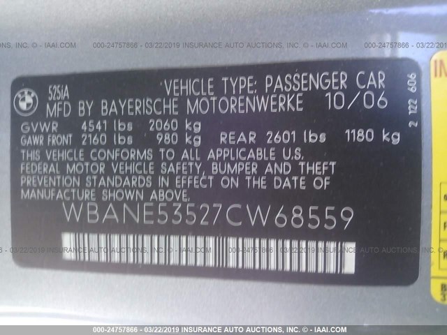 WBANE53527CW68559 - 2007 BMW 525 I GRAY photo 9