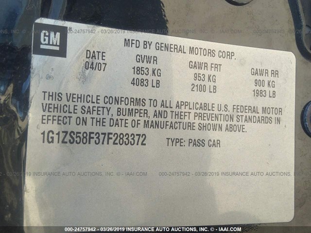 1G1ZS58F37F283372 - 2007 CHEVROLET MALIBU LS BLACK photo 9