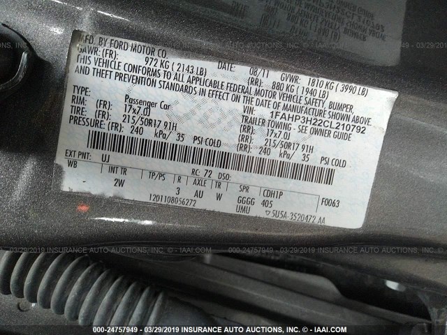 1FAHP3H22CL210792 - 2012 FORD FOCUS SEL GRAY photo 9
