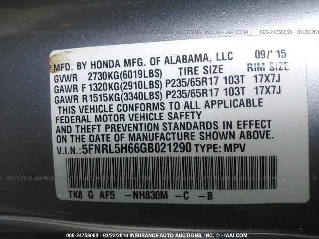 5FNRL5H66GB021290 - 2016 HONDA ODYSSEY EXL SILVER photo 9