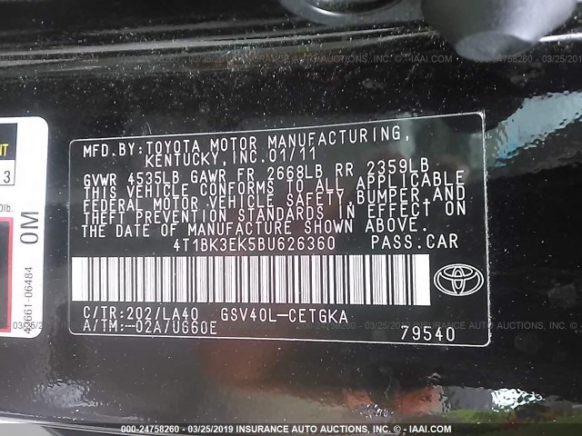 4T1BK3EK5BU626360 - 2011 TOYOTA CAMRY SE/LE/XLE BLACK photo 9