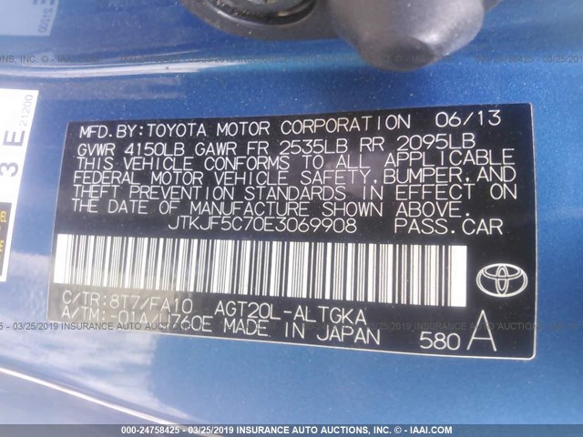 JTKJF5C70E3069908 - 2014 TOYOTA SCION TC BLUE photo 9