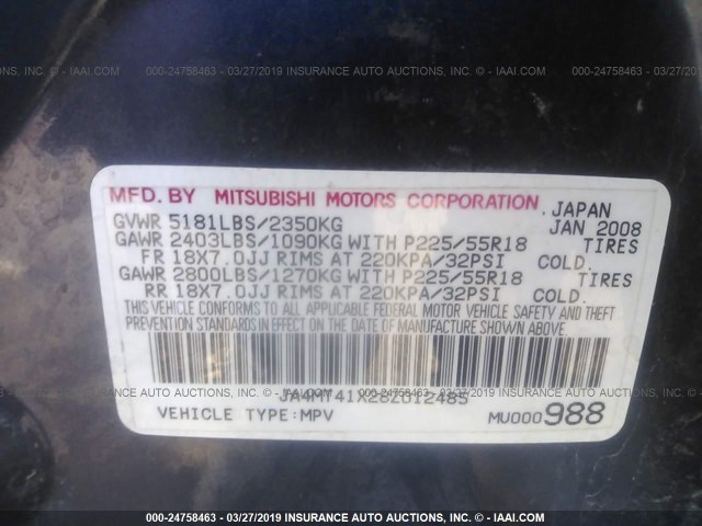 JA4MT41X28Z012485 - 2008 MITSUBISHI OUTLANDER XLS BLUE photo 9