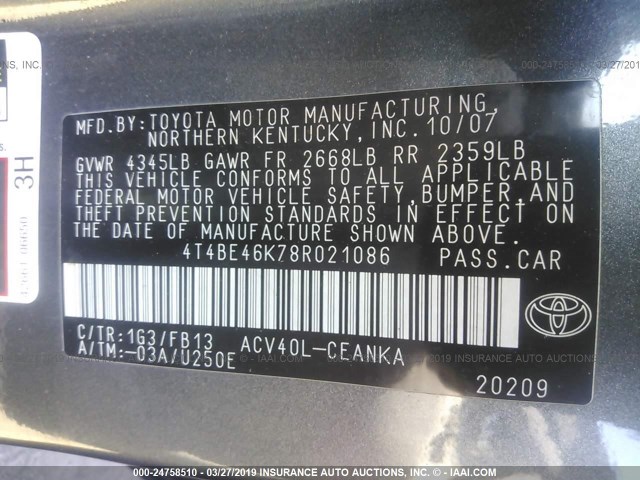 4T4BE46K78R021086 - 2008 TOYOTA CAMRY CE/LE/XLE/SE GRAY photo 9