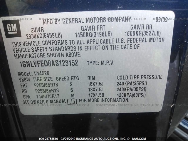 1GNLVFED8AS123152 - 2010 CHEVROLET TRAVERSE LT Dark Blue photo 9