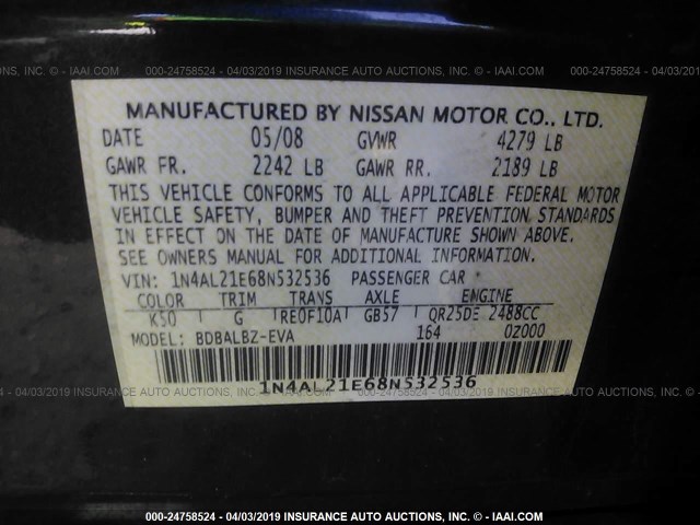 1N4AL21E68N532536 - 2008 NISSAN ALTIMA 2.5/2.5S GRAY photo 9