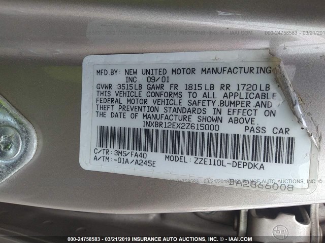 1NXBR12EX2Z615000 - 2002 TOYOTA COROLLA CE/LE/S SILVER photo 9