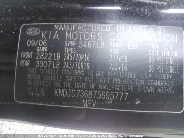 KNDJD736875695777 - 2007 KIA SORENTO EX/LX BLACK photo 9