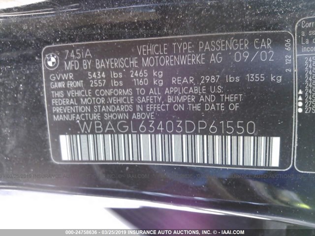 WBAGL63403DP61550 - 2003 BMW 745 I BLACK photo 9