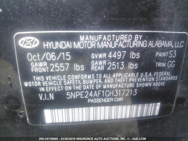 5NPE24AF1GH317213 - 2016 HYUNDAI SONATA SE შავი ფოტო 9