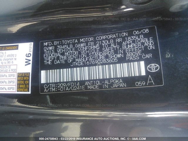 JTKDE167690283605 - 2009 TOYOTA SCION TC BLACK photo 9