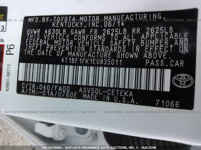 4T1BF1FK1EU835011 - 2014 TOYOTA CAMRY L/SE/LE/XLE 白色 照片 9