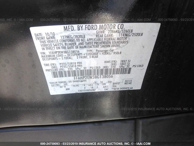 1FAHP2EW3BG138056 - 2011 FORD TAURUS SEL BLACK photo 9