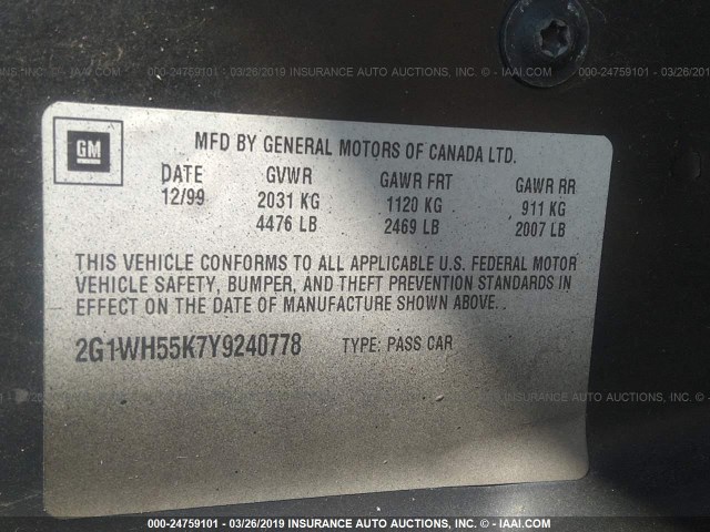 2G1WH55K7Y9240778 - 2000 CHEVROLET IMPALA LS BLACK photo 9