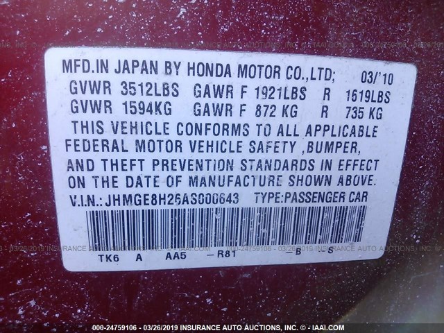 JHMGE8H26AS000643 - 2010 HONDA FIT RED photo 9