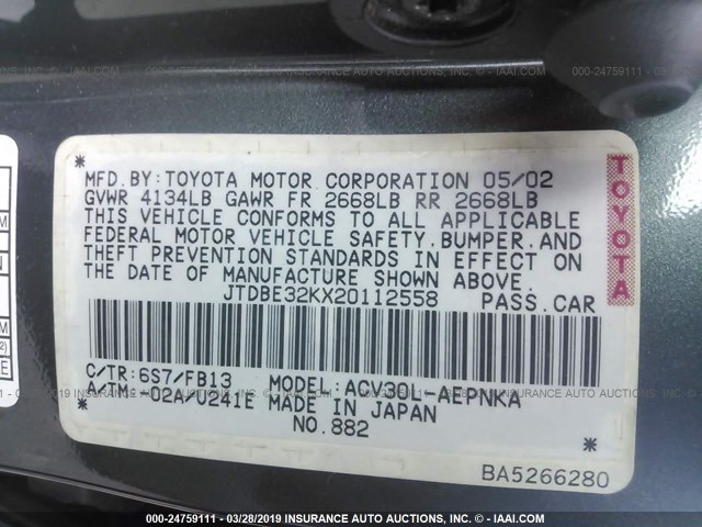 JTDBE32KX20112558 - 2002 TOYOTA CAMRY LE/XLE/SE GREEN photo 9