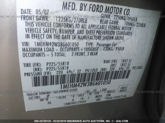 1MEHM42W38G601050 - 2008 MERCURY SABLE PREMIER GRAY photo 9