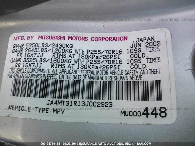 JA4MT31R13J002923 - 2003 MITSUBISHI MONTERO SPORT XLS SILVER photo 9