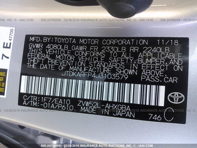 JTDKARFP4J3103579 - 2018 TOYOTA PRIUS PRIME  SILVER photo 9